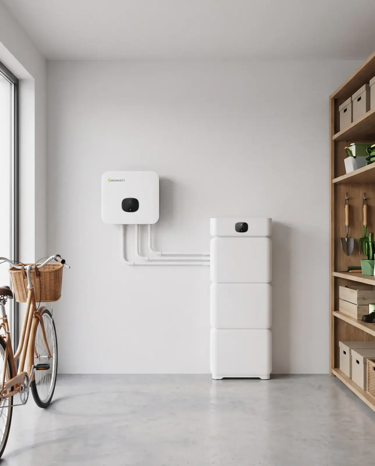 Thuisbatterij aan de wand van een opgeruimde garage