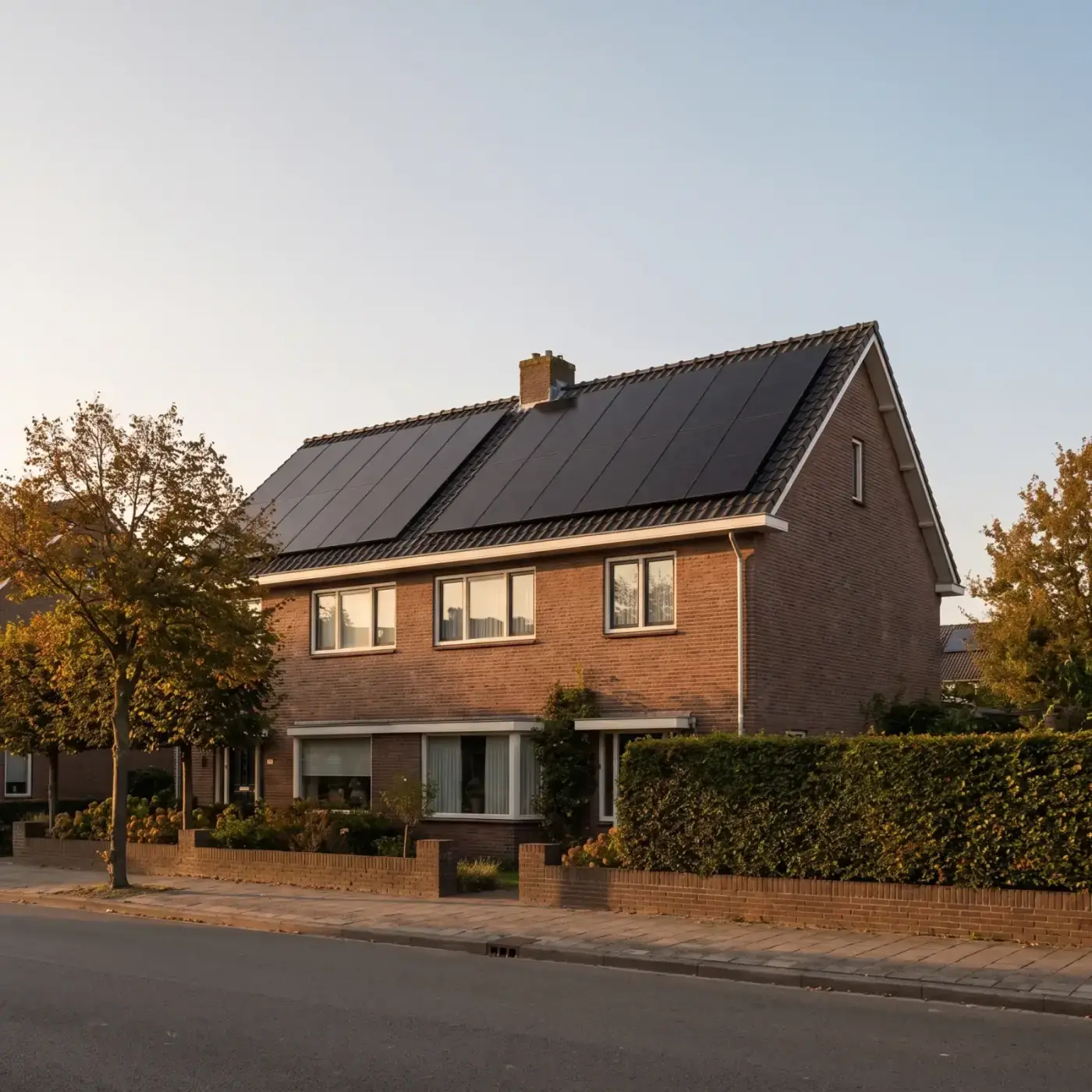 Twee-onder-een-kapwoning met zwarte zonnepanelen in de avondzon
