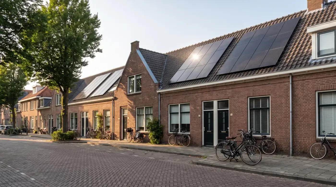 Straat met bakstenen woningen en zonnepanelen op de daken, zoals in Almere